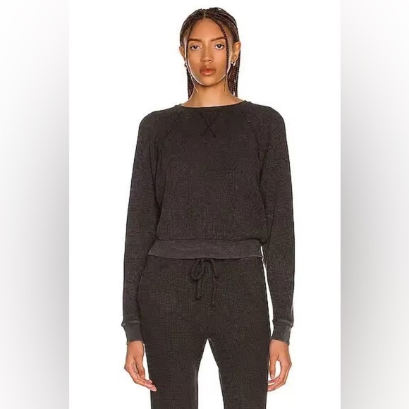 Beyond Yoga With The Band Pullover Waffle Thermal Sweatshirt in Washed Black - Picture 11 of 11
